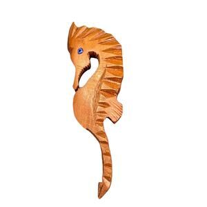 Mid Century Modern MCM Wooden Seahorse with Blue Glass Eye Brooch
